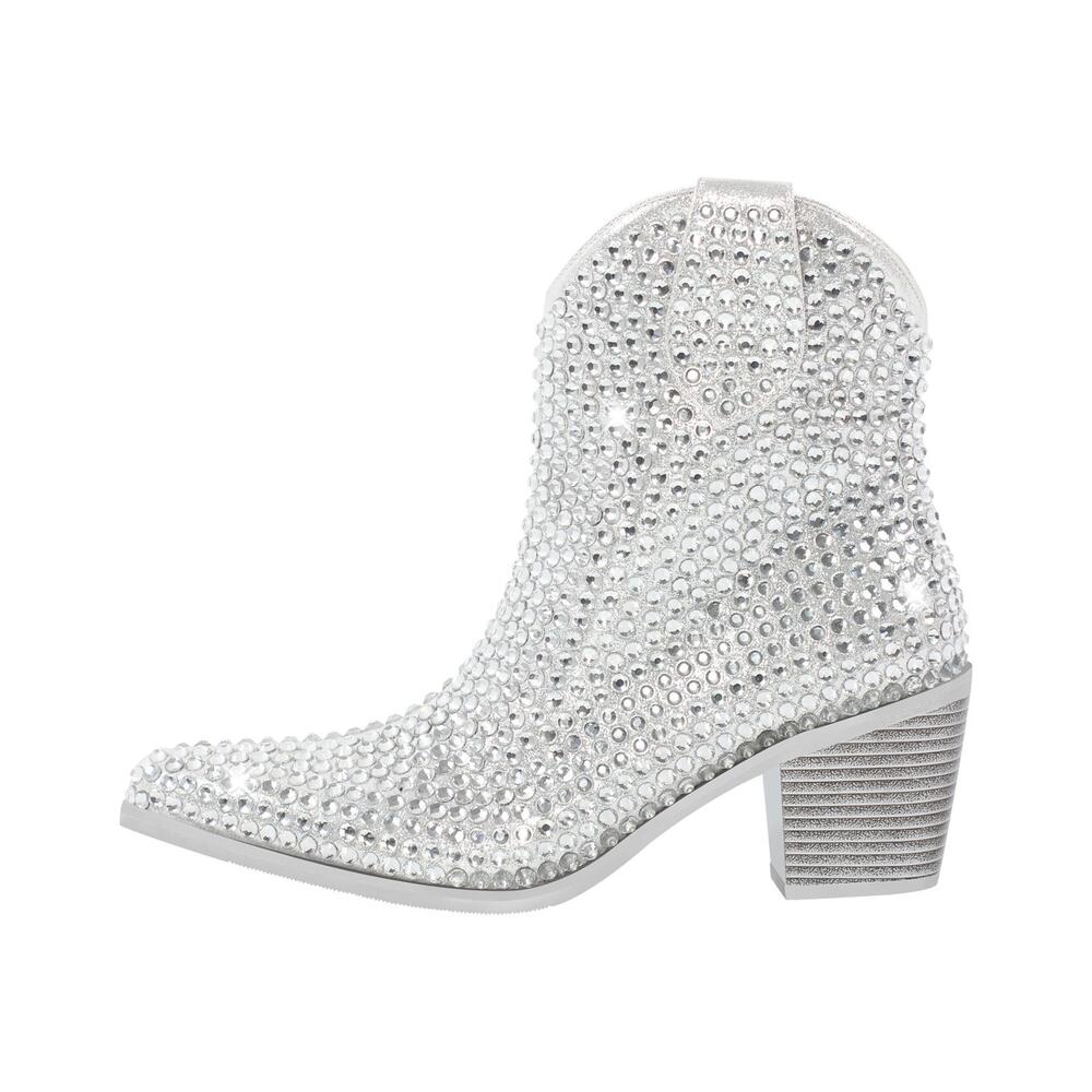 Onlymaker Rhinestone Pointed Toe Chunky Heel Ankle Boots - 12